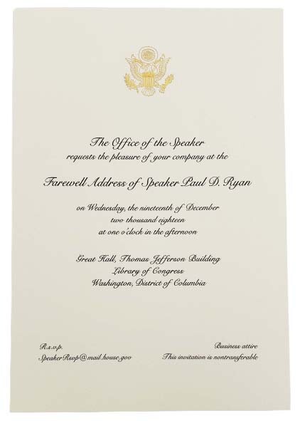 2018 Speaker Paul Ryan Republican Farewell Address Invitation