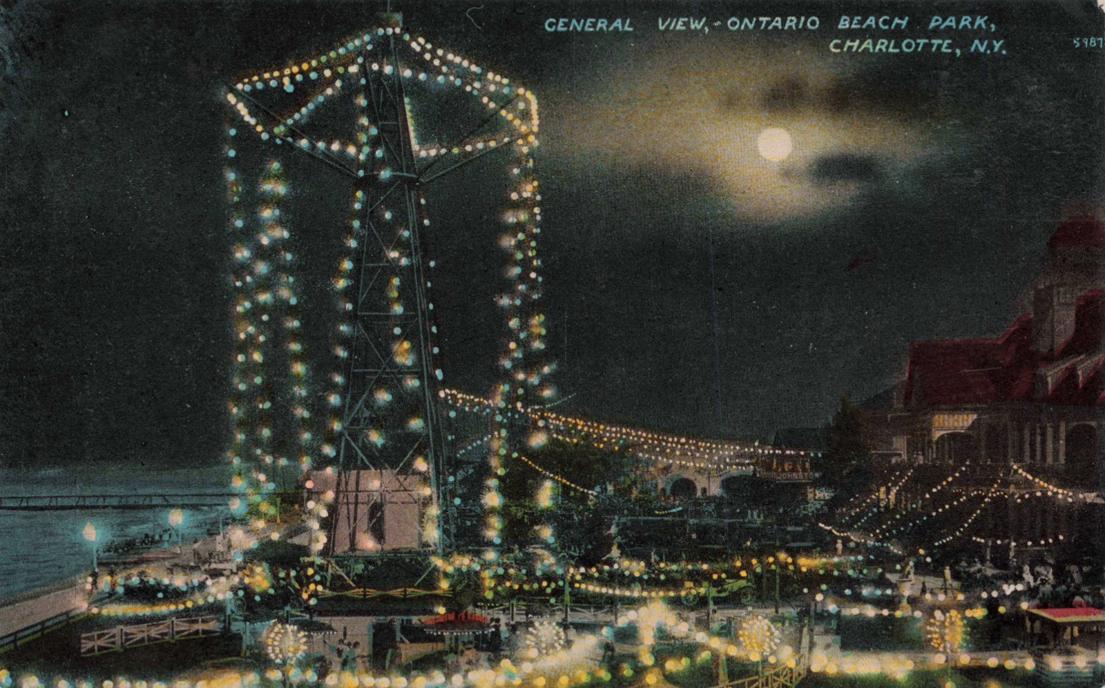 Defunct Amusement Park at Night Ontario Beach Charlotte Rochester NY Postcard