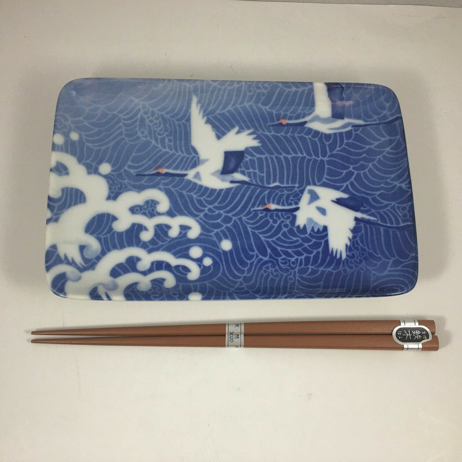 Japanese Sushi Sashimi Dish Plate with Chopsticks Cranes Wave Made in Japan