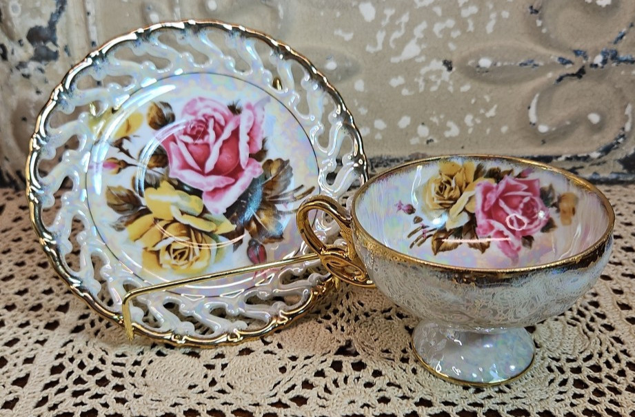 Royal Sealy Footed Tea Cup & Reticulated Saucer Iridescent Rose Pattern 4 oz