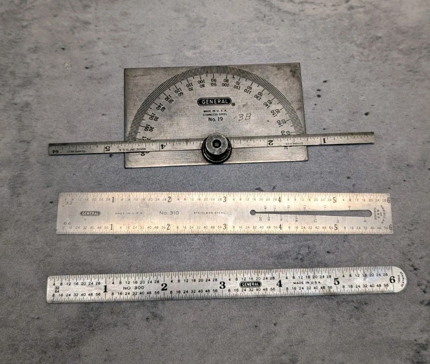 Lot 3 Vintage General Tools No 19 Protractor No 310 Wire Gauge No 300 6 In Rules Lot 3 Vintage General Tools No 19 Protractor No 310 Wire Gauge No 300 6 In Rules