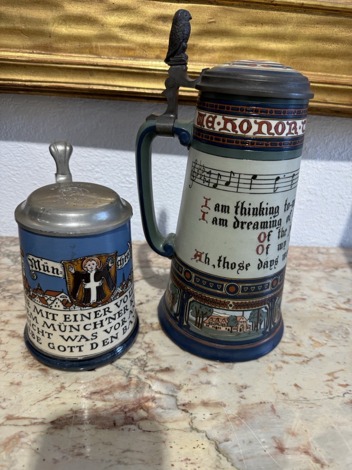 🔥2 Arts & Crafts Mettlach Steins Cornell University and Munich c. 1904