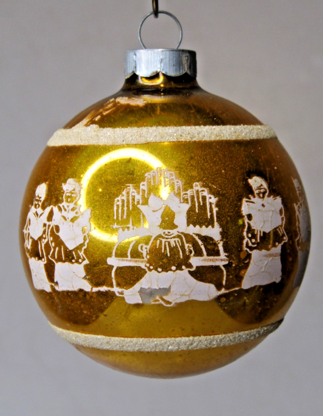 VTG Glass Stencil Pictured CAROLERS w ORGAN BALL Christmas Ornament Shiny Brite