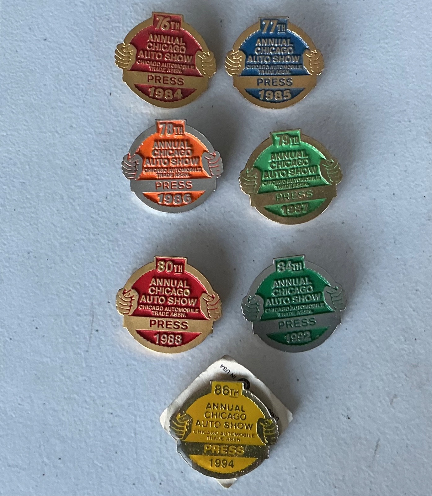 Lot of 7 Vintage Chicago Auto Show PRESS Badges Buttons 1984 - 1988 1992 1994