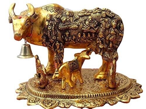 Metal Antique Gold Kamdhenu Cow and Calf Idol Showpiece Statue, Size 24 cm Gift