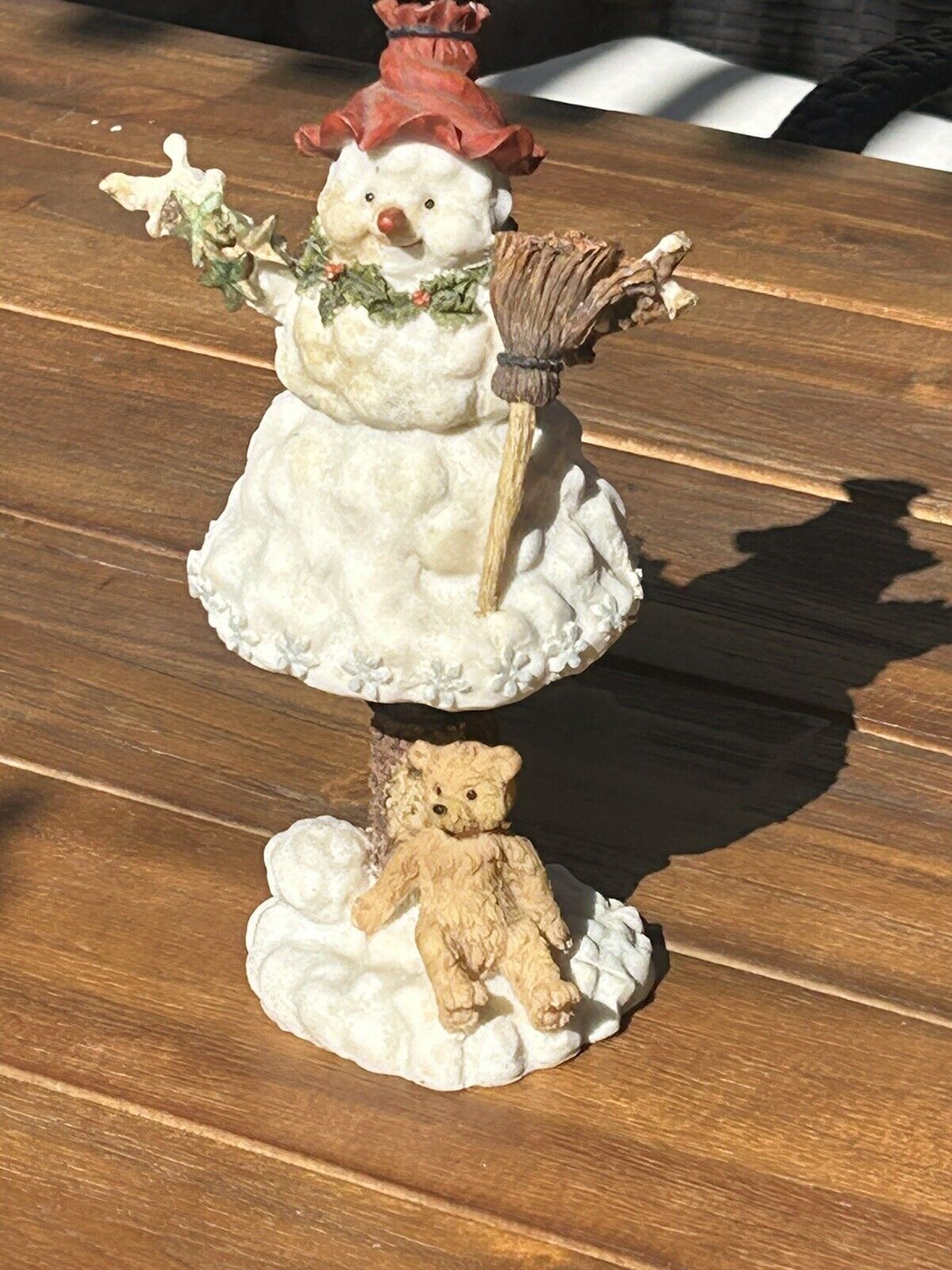 Vintage Snowman Christmas Tree Figurine With Teddy Bear Resin 9” White Red Brown