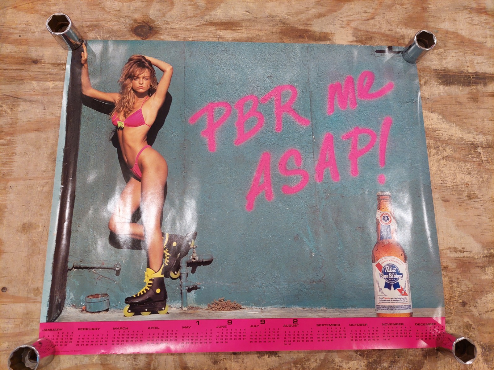 Vintage PBR Pabst Blue Ribbon Beer Sexy Bikini Girl Bar Pub Calendar Poster 1992