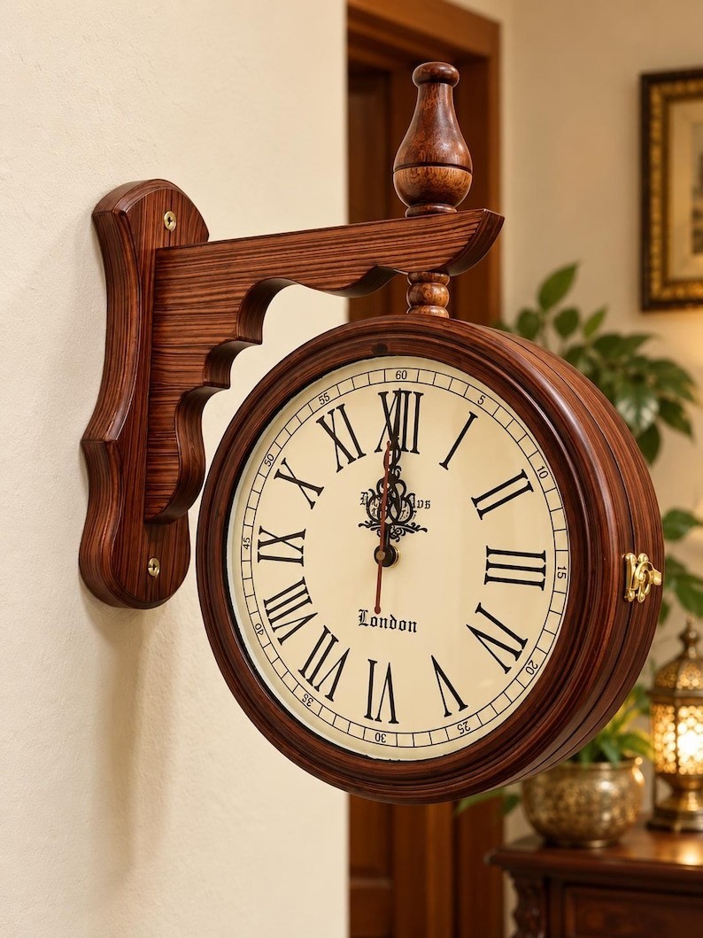 Vintage Wooden Double Sided Wall Clock | Antique Railway Station Clock