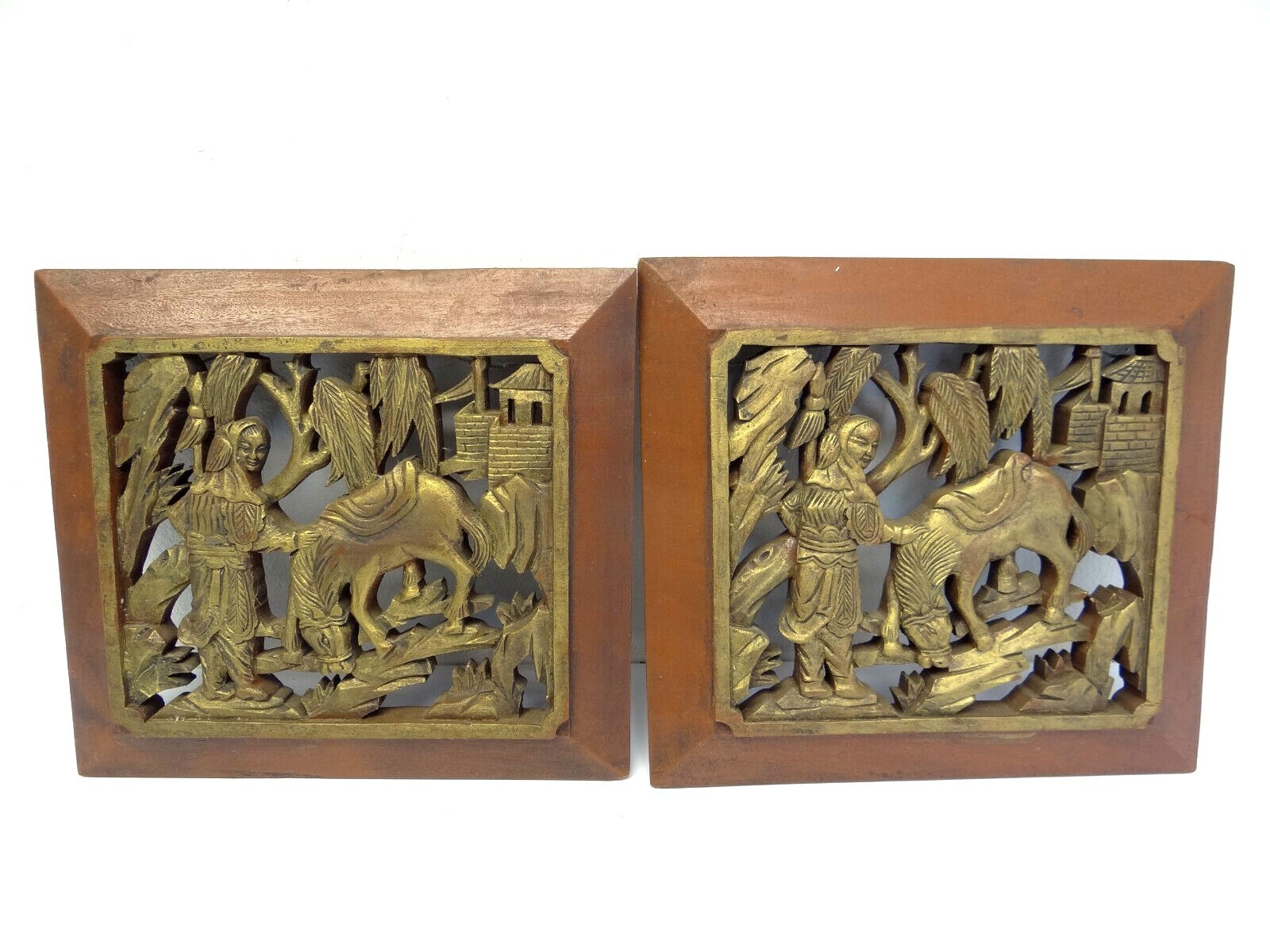 Two Vintage Carved Pair Gold Red Asian Motif Donkey Chinese Man Carvings Art Two Vintage Carved Pair Gold Red Asian Motif Donkey Chinese Man Carvings Art
