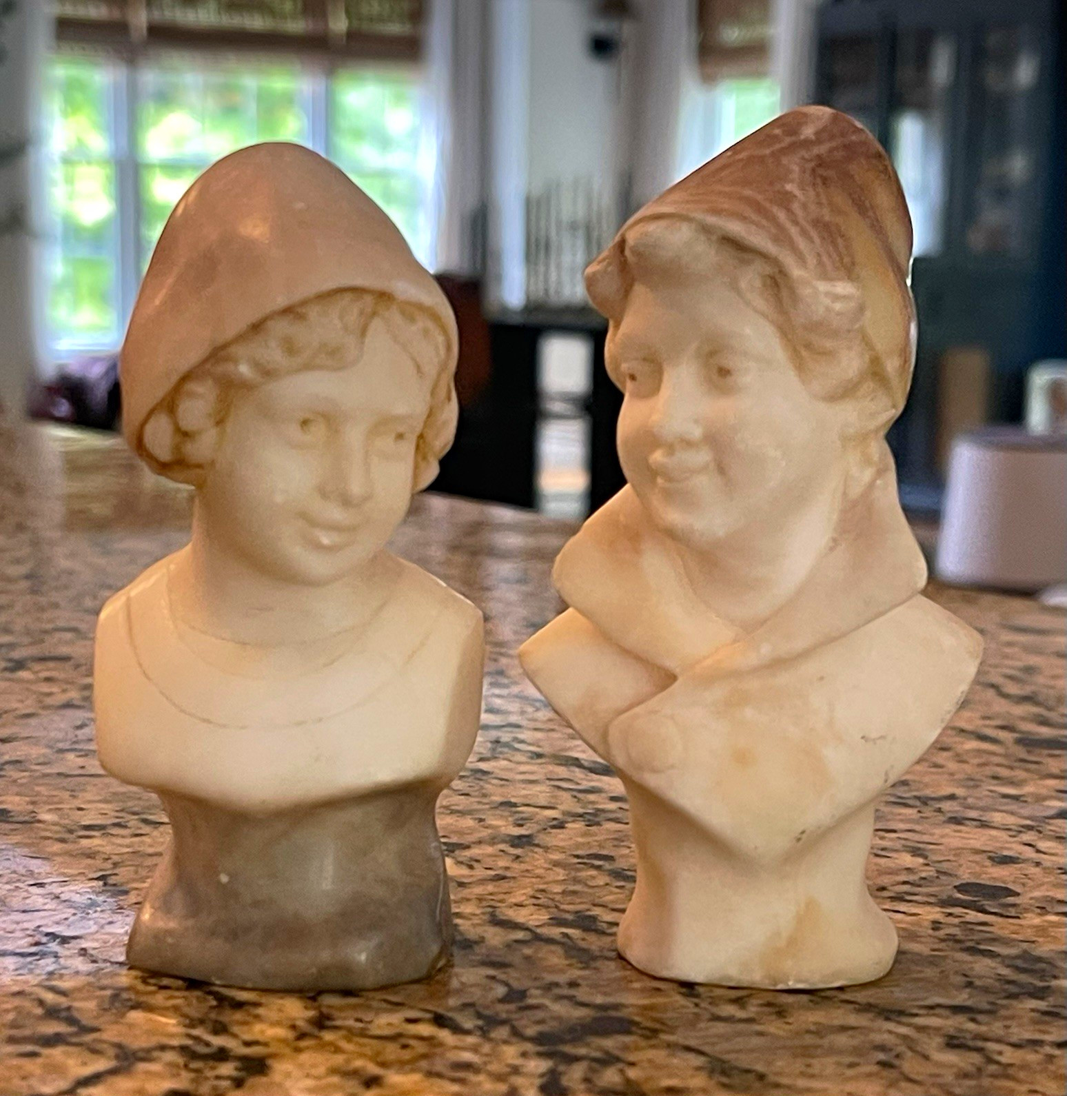 Set of 2 Vintage Hand Carved Alabaster Dutch Children Miniature Bust Figures