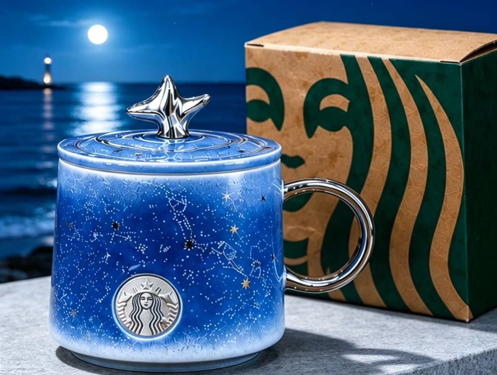 LUXURY NEW Starbucks Blue Starry Night Double Fishtail Creative Ceramic Mug