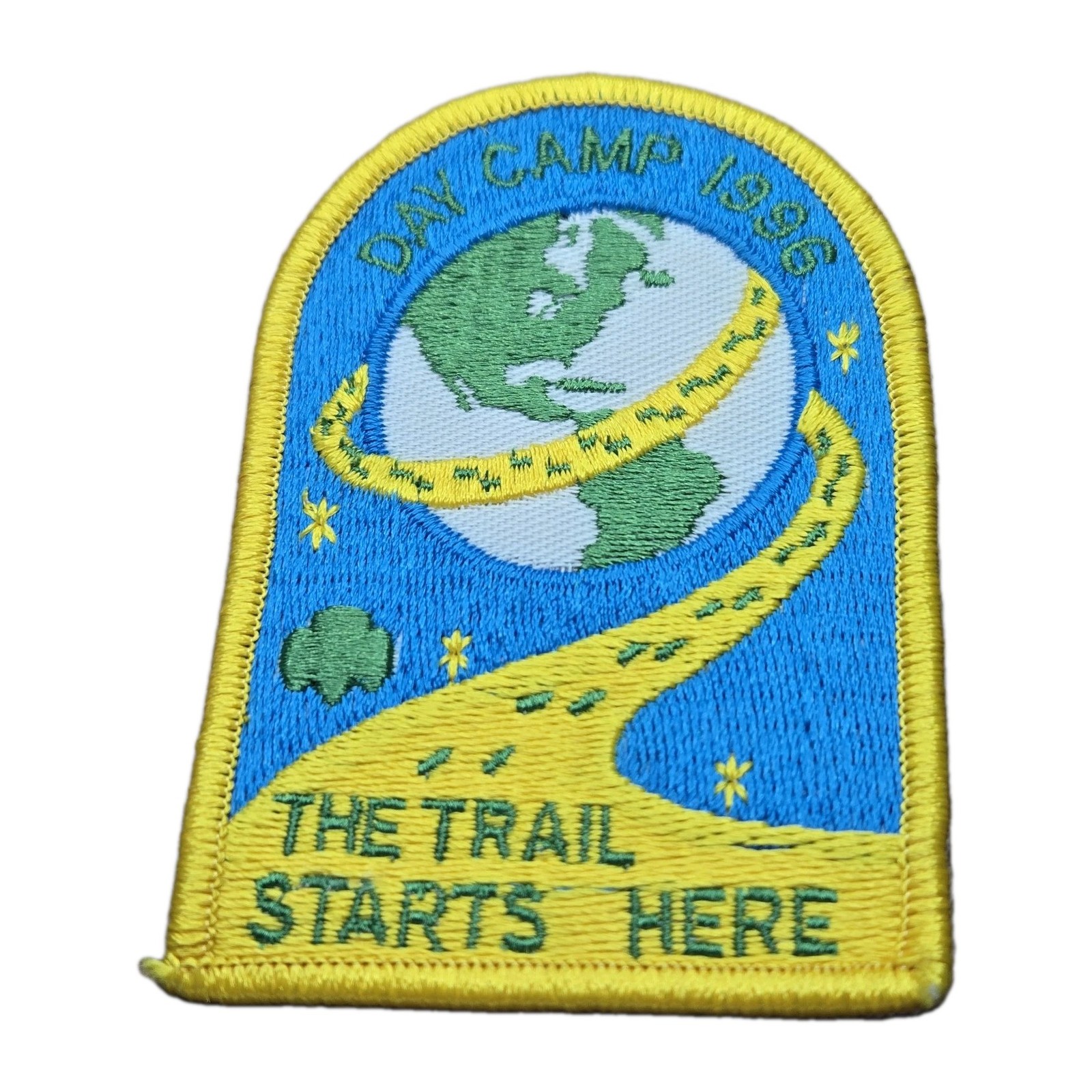 Vintage Day Camp 1996 Girl Scouts THE TRAIL STARTS HERE World Badge Patch Yellow Vintage Day Camp 1996 Girl Scouts THE TRAIL STARTS HERE World Badge Patch Yellow