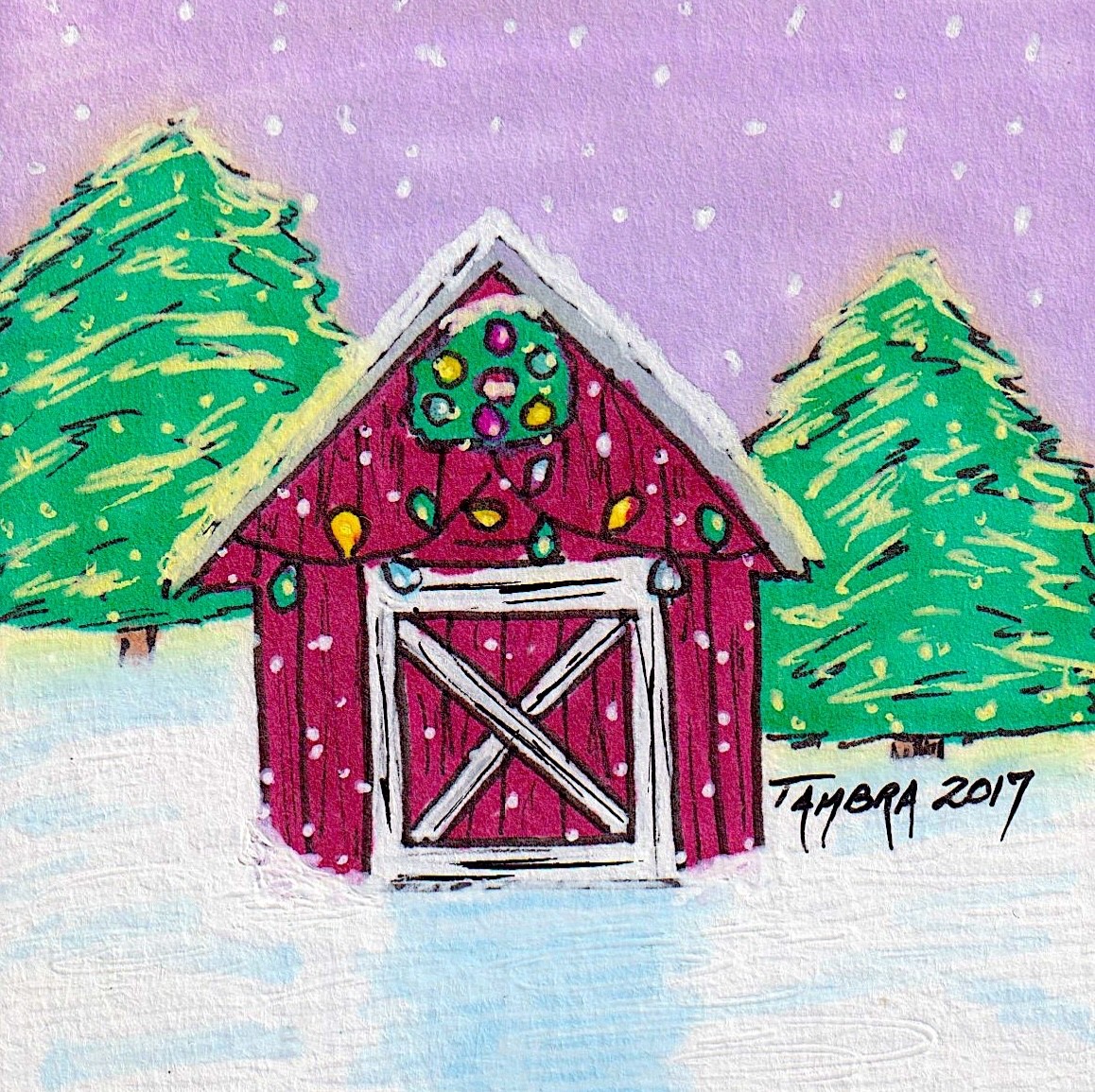 Tambra Original Art Painting Country Christmas Barn 2x2 Dollhouse Mini NOT ACEO