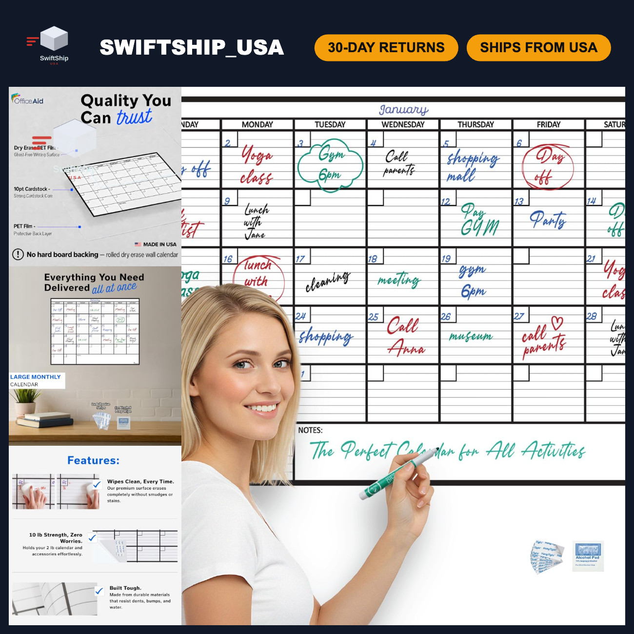 Large 36x48 Dry Erase Wall Calendar - Giant Reusable Monthly Planner, Whiteboard Large 36x48 Dry Erase Wall Calendar - Giant Reusable Monthly Planner, Whiteboard