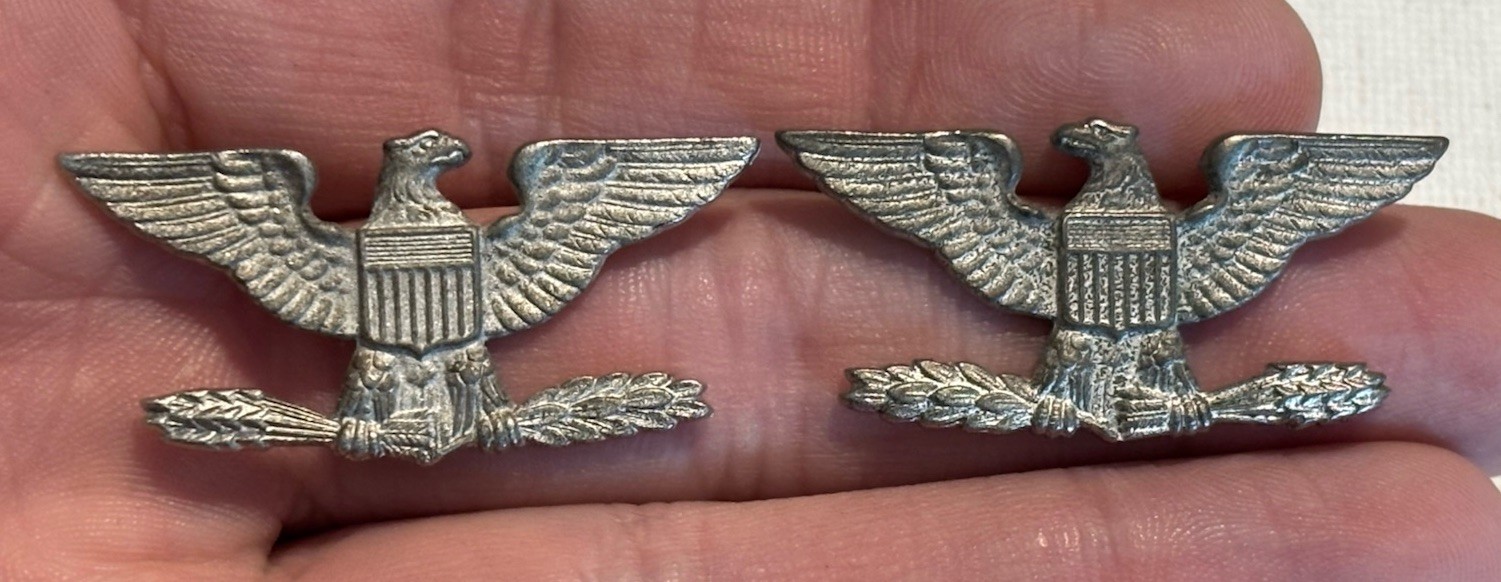Vintage US Army Silver Filled Colonel Eagle Insignia Military Pins Pair