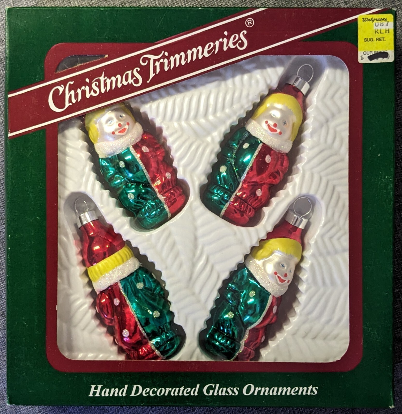 Vintage Bradford Christmas Trimmeries Clown Figural Glass Ornaments Set of 4 Box Vintage Bradford Christmas Trimmeries Clown Figural Glass Ornaments Set of 4 Box