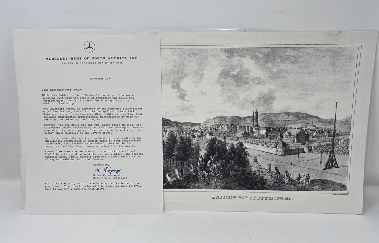 Vintage 1974 Mercedes-Benz Stuttgart Lithograph with Letter Vintage 1974 Mercedes-Benz Stuttgart Lithograph with Letter