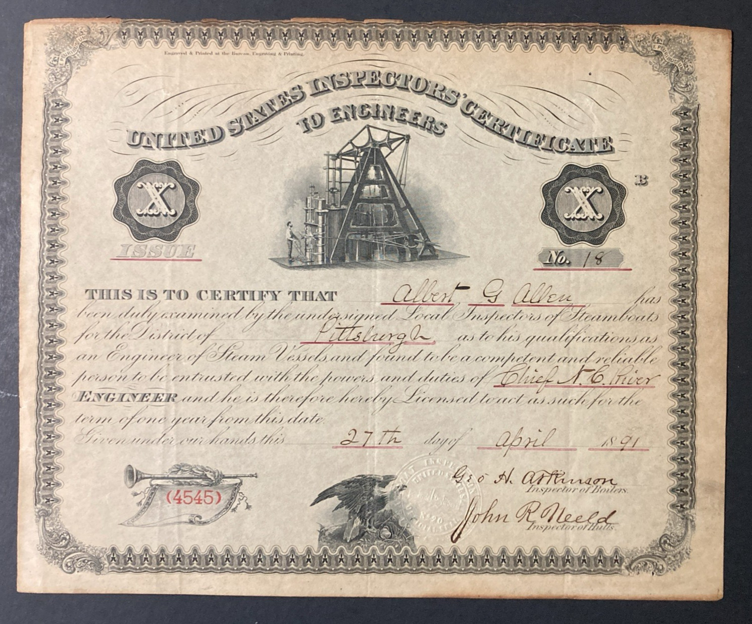 Vintage 1891 United States Inspectors\' Certificate To Engineers Vintage 1891 United States Inspectors\' Certificate To Engineers