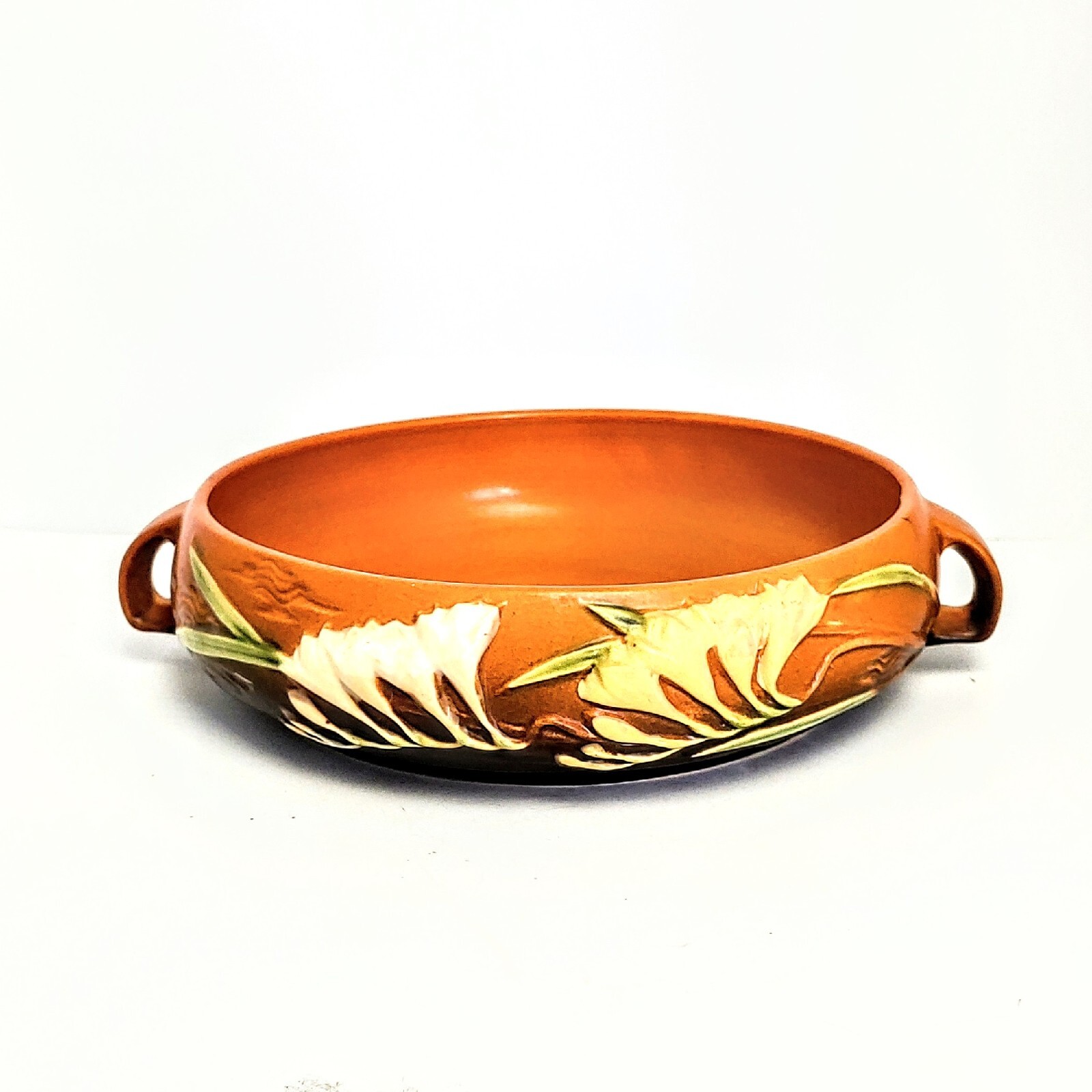 Vintage Roseville Pottery Tangerine Brown Vintage Art Freesia Bowl 465-8 1945
