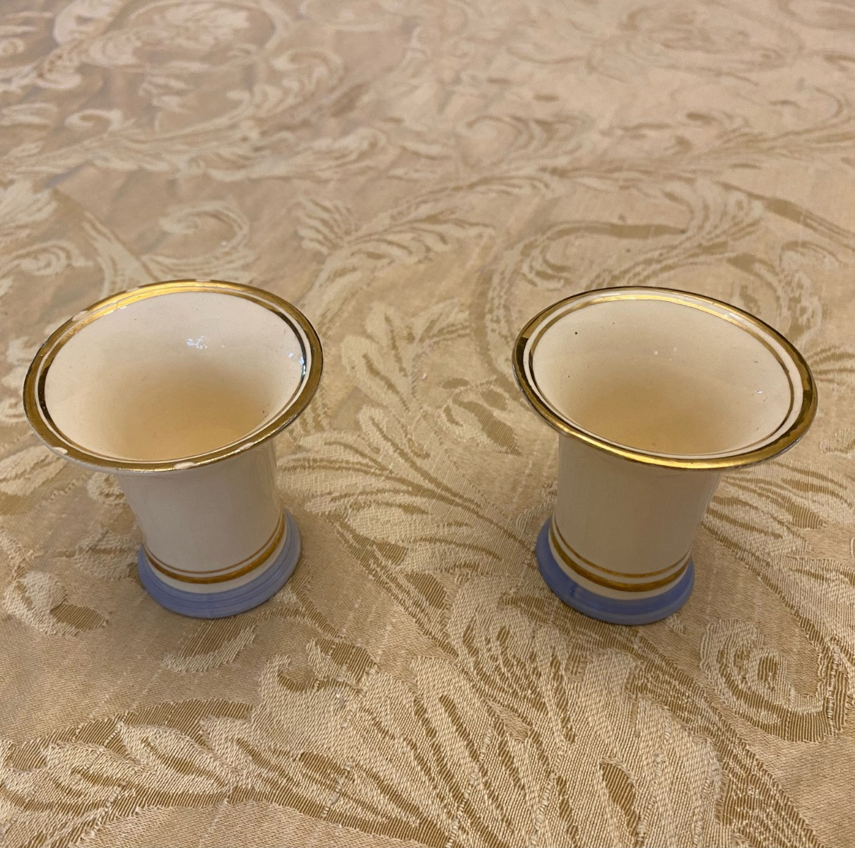 Set of 2 Vintage Arabia Suomi Finlandia Cream Blue Gold Egg Cup / Candle Holder