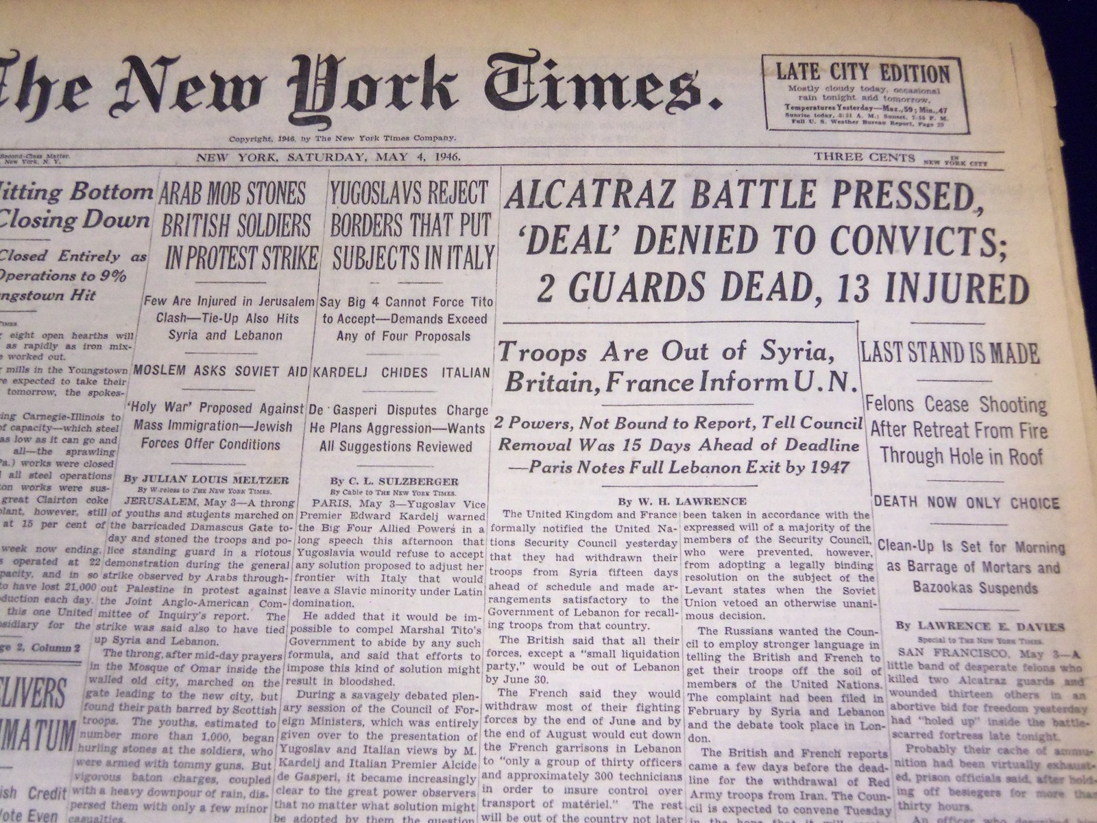 1946 MAY 4 NEW YORK TIMES - ALCATRAZ BATTLE PRESSED DEAL DENIED CONVICTS- NT 837 1946 MAY 4 NEW YORK TIMES - ALCATRAZ BATTLE PRESSED DEAL DENIED CONVICTS- NT 837