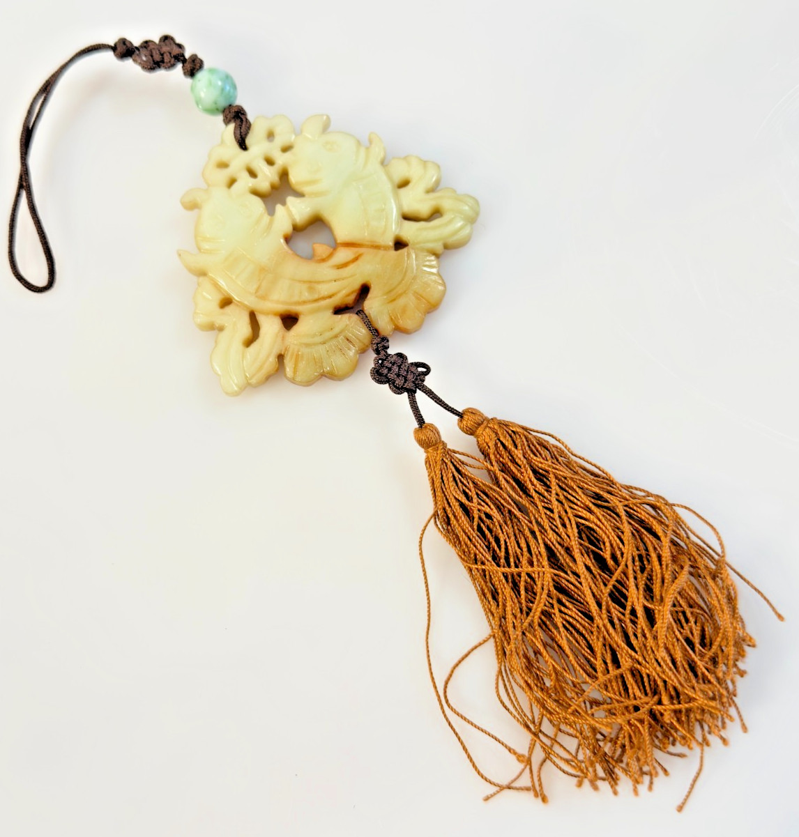 Vintage Carved Stone Koi Fish Chinese Silk Tassel Pendant 9.5 inches 32 grams