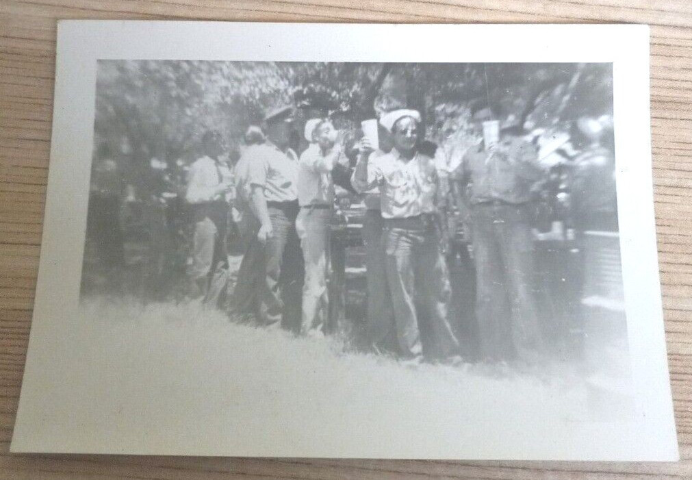 Vintage Snapshot Photo 1940s Navy Military Men Standing in Line Drinking Drunk