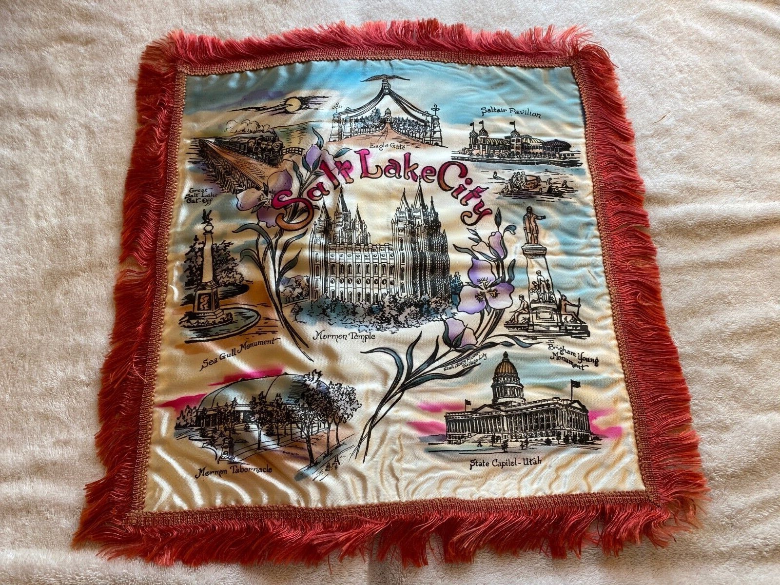 Vintage 1940\'s Salt Lake City Pillow Cover Multi-Color NOS Under Glass Since New
