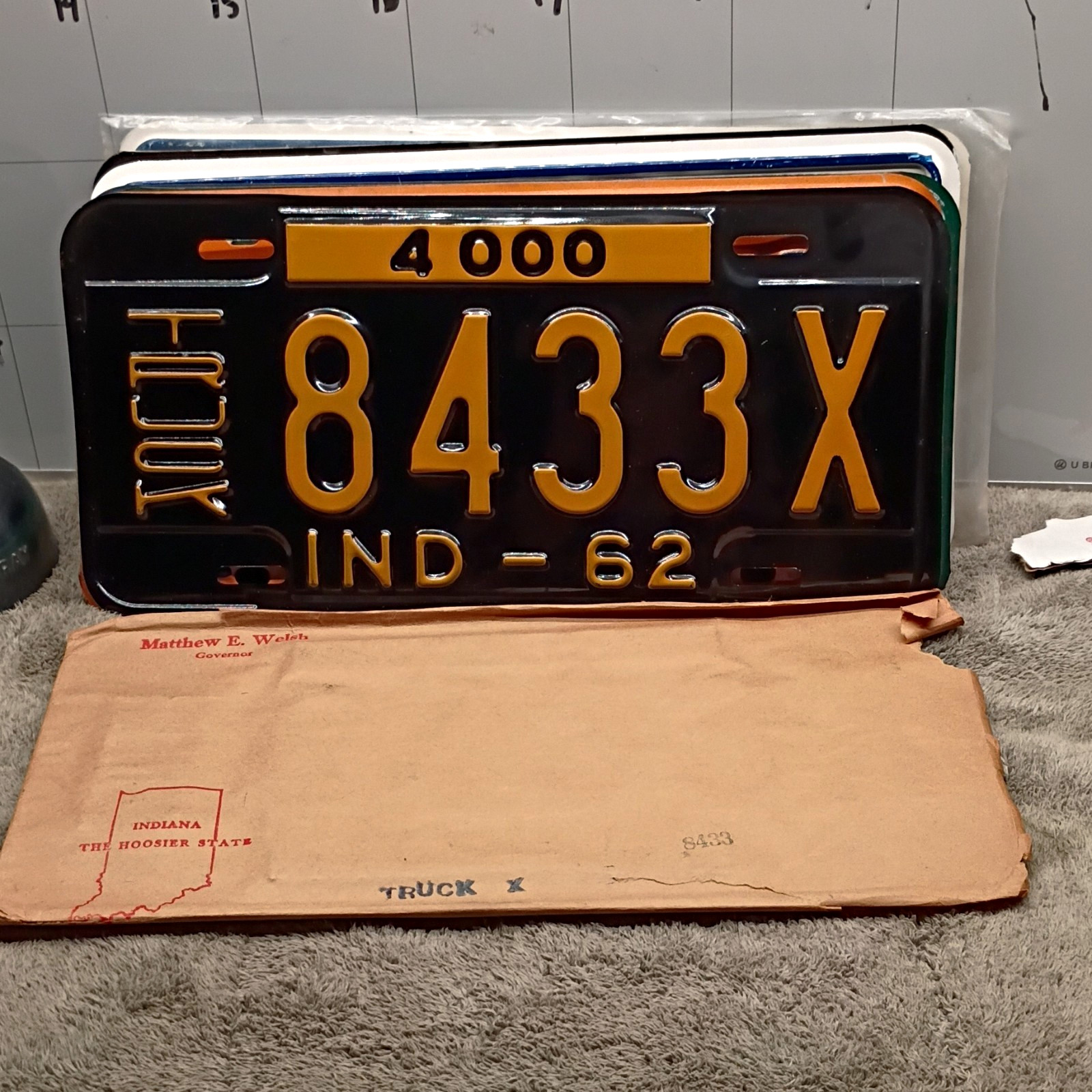Indiana Truck License Plate Tag IND-62 8433X with Indiana Hoosier State Envelope