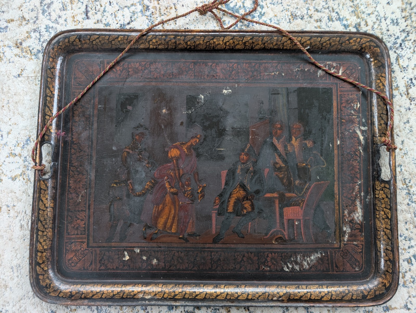 19th ct French Antique Metal Toleware Tray Hand Painted Napoleon, Hanging Rope 19th ct French Antique Metal Toleware Tray Hand Painted Napoleon, Hanging Rope