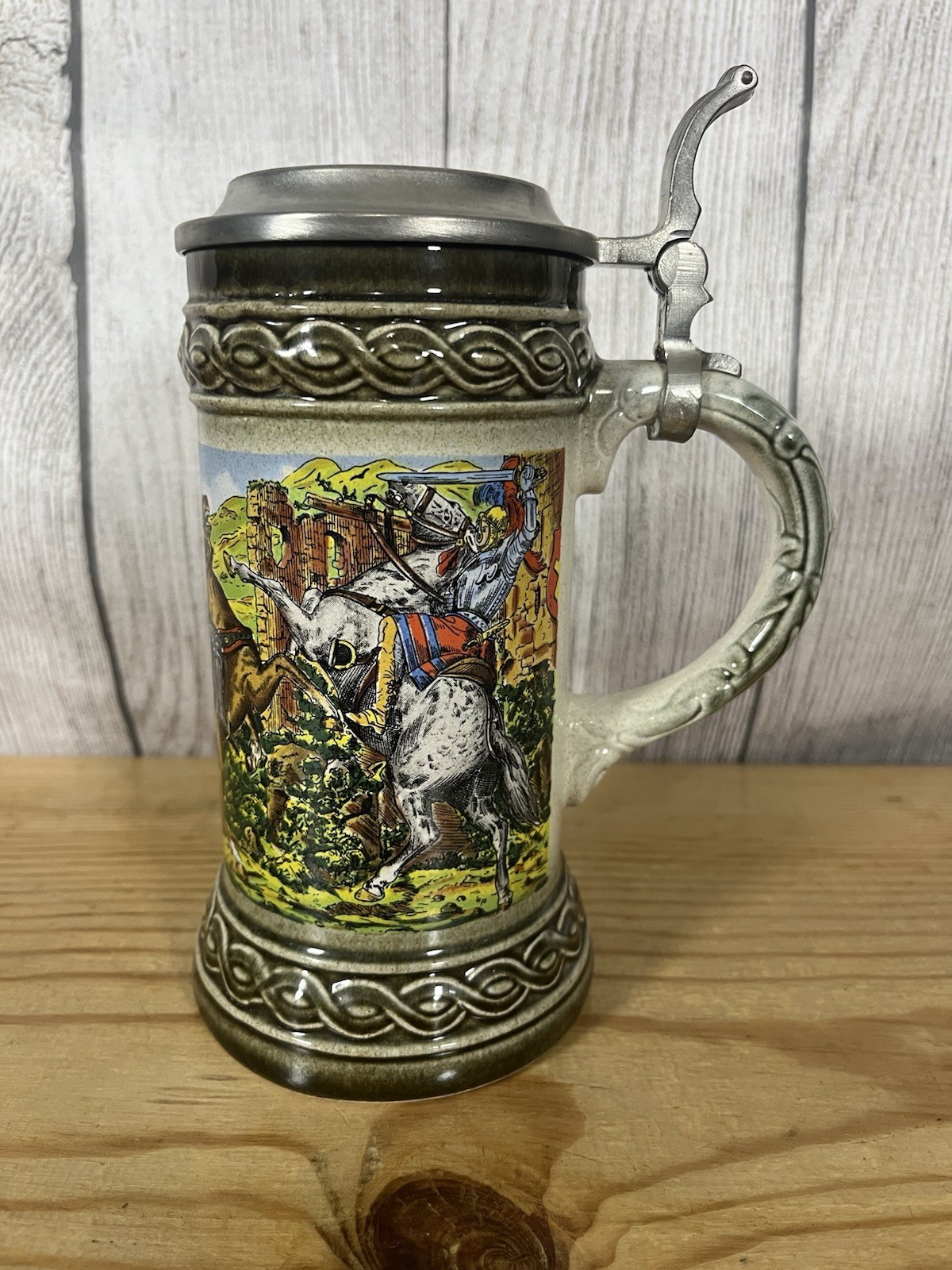 Vintage Gerz Beer Stein With Cavalry Solider Battle Scene With Pewter Lid. Vintage Gerz Beer Stein With Cavalry Solider Battle Scene With Pewter Lid.