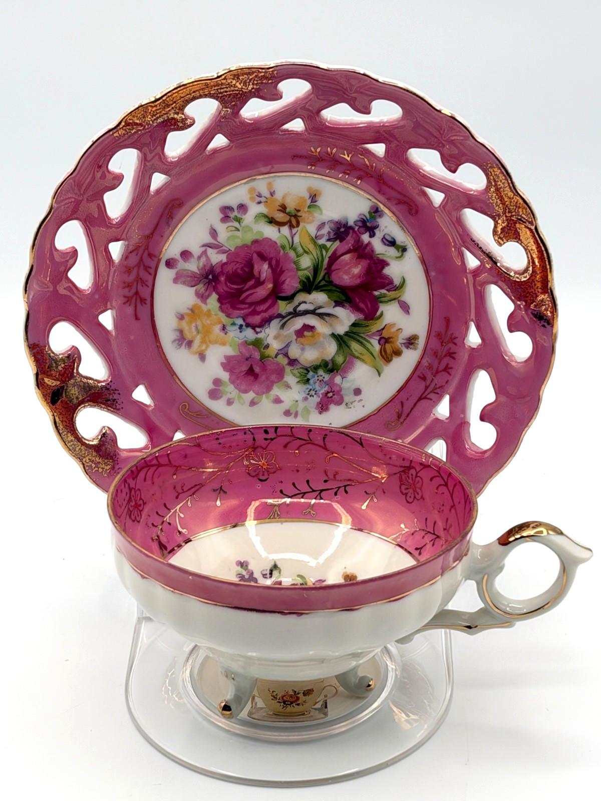 Vintage Pink Floral Porcelain Footed Tea Cup & Reticulated Saucer Set Gold Trim