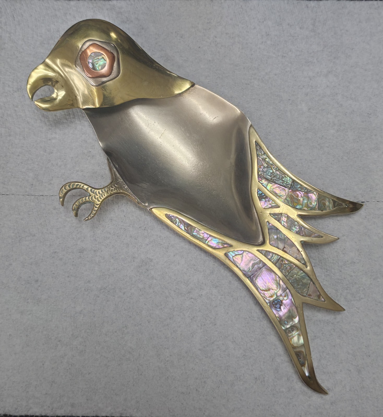 Vintage Mexico Hand Wrought Mixed Metal Mother Of Pearl Bird Dish 12 Vintage Mexico Hand Wrought Mixed Metal Mother Of Pearl Bird Dish 12