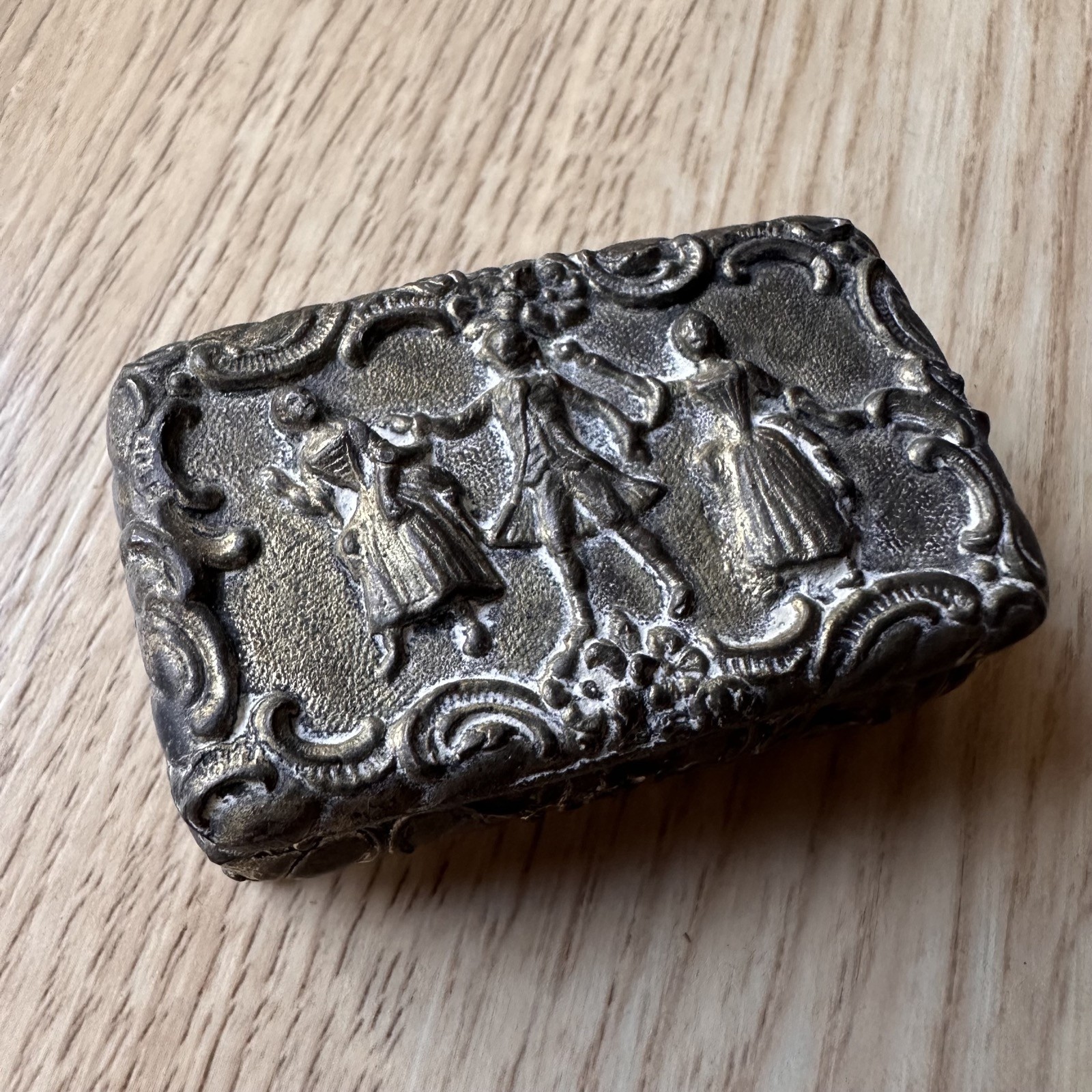 Vintage Japanese cast metal Postage Stamp Storage Box w/ Victorian dancing scene Vintage Japanese cast metal Postage Stamp Storage Box w/ Victorian dancing scene