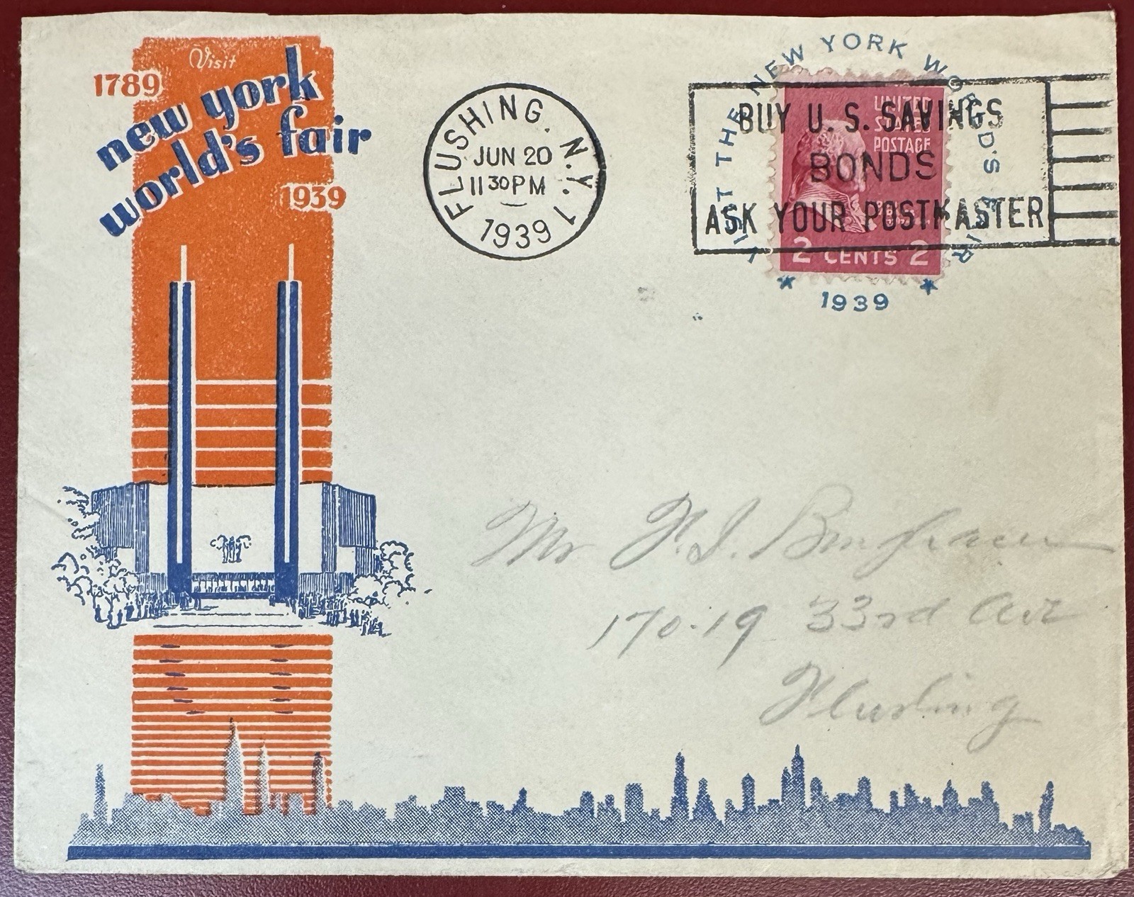 1939 New York World's Fair Cover on Orange and Blue Fair Souvenir Envelope