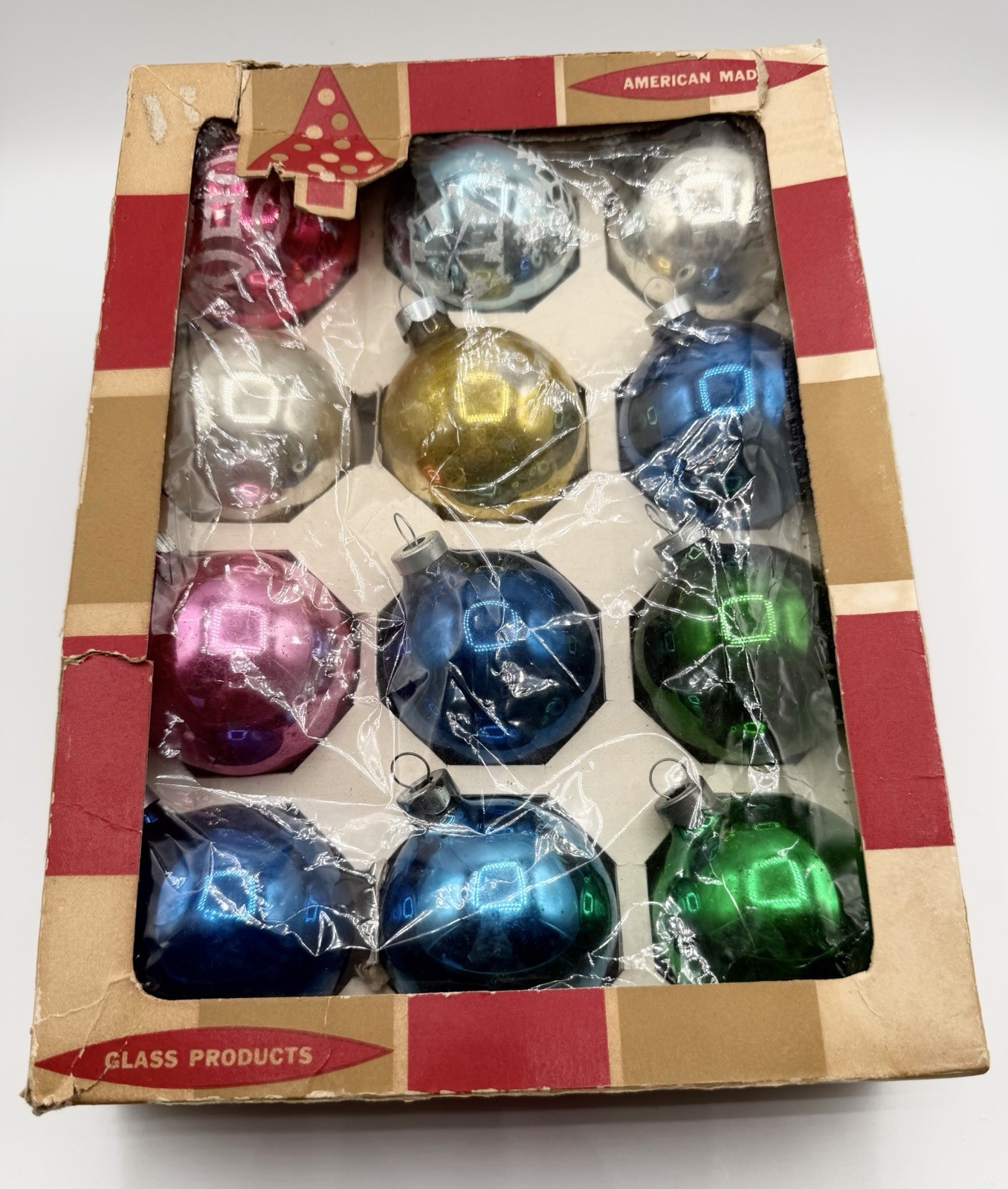 Vtg Shiny Brite Rauch USA 12 Glass Christmas Ornaments Mixed Set w Coby Box 2.5”