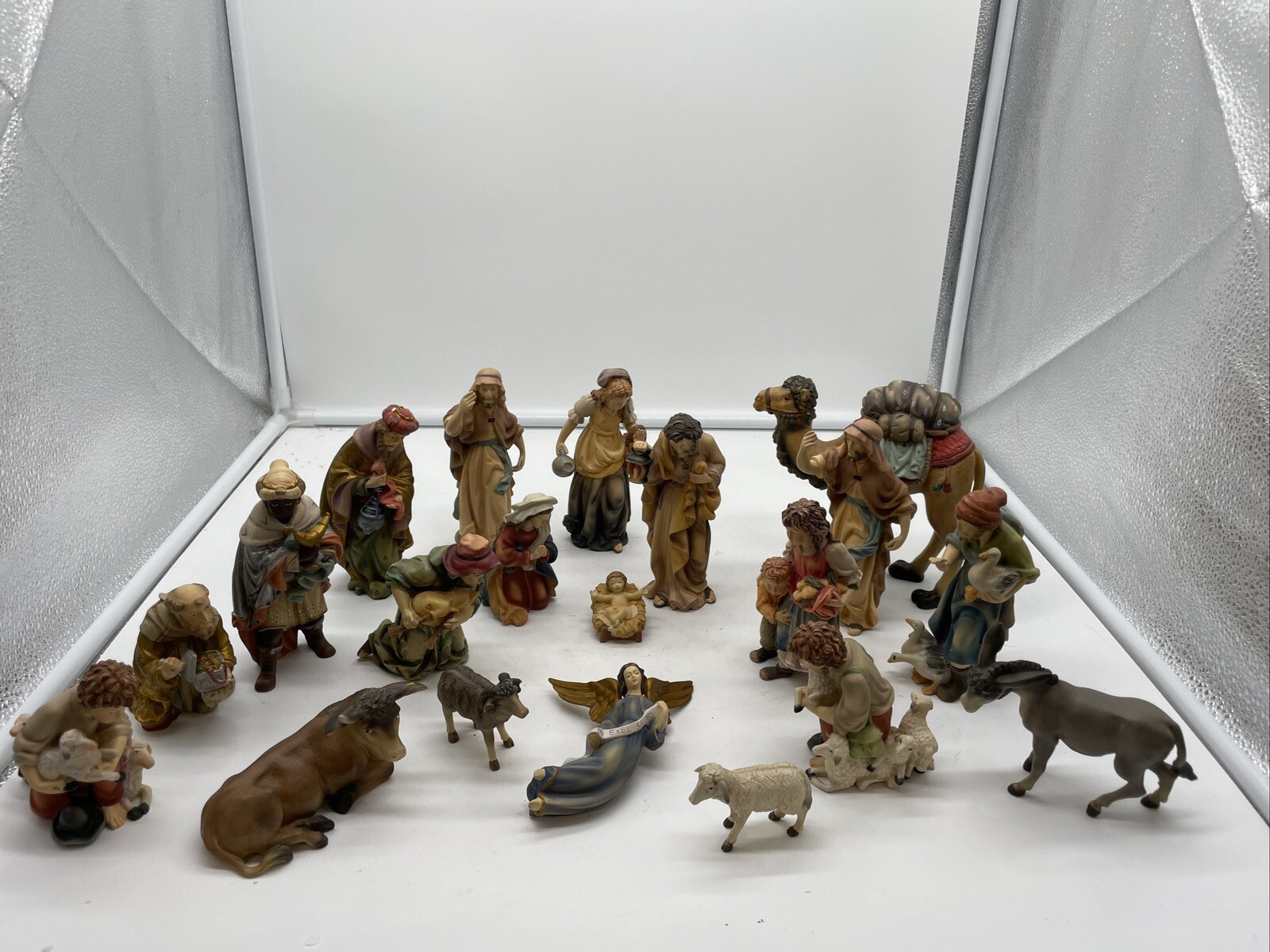 Vintage Dolfi Hand Painted Nativity Set of 20 Pieces in Original Boxes