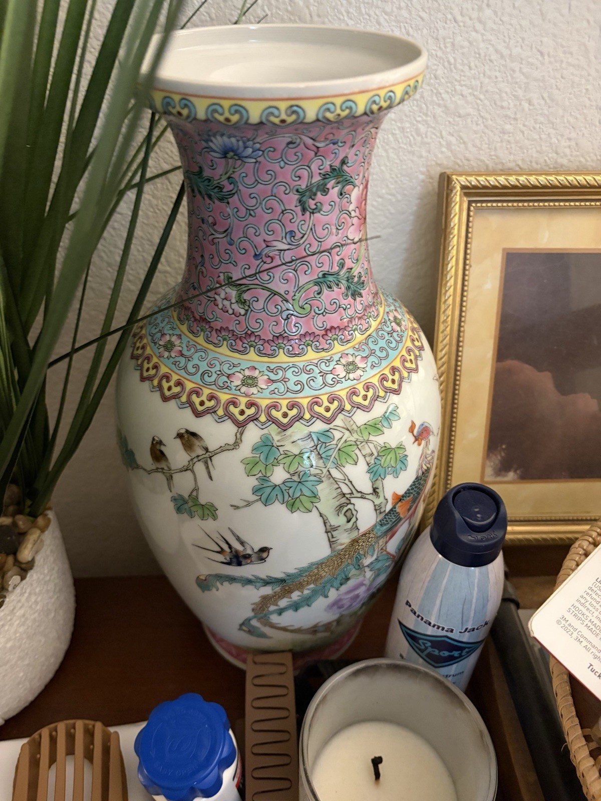 Rare Chinese Porcelain Vase Floral & Bird Design Pink Neck Marked C/Republic