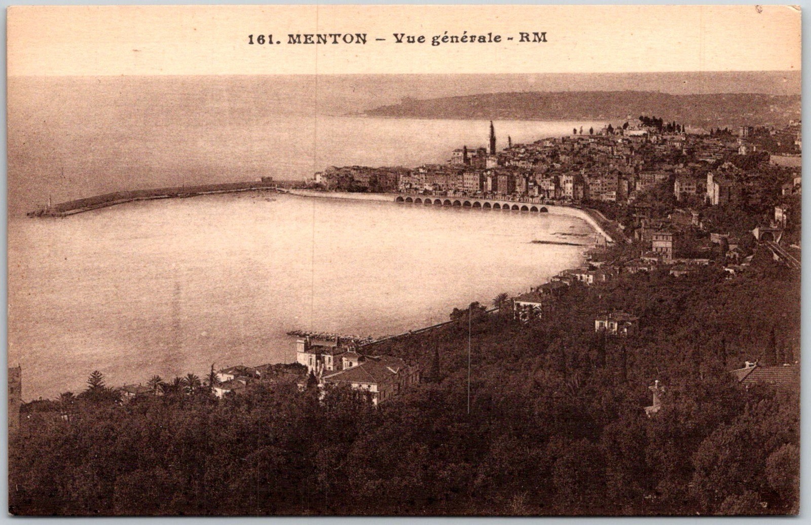 General View Bay Menton France C.1910s Sepia Unposted Postcard