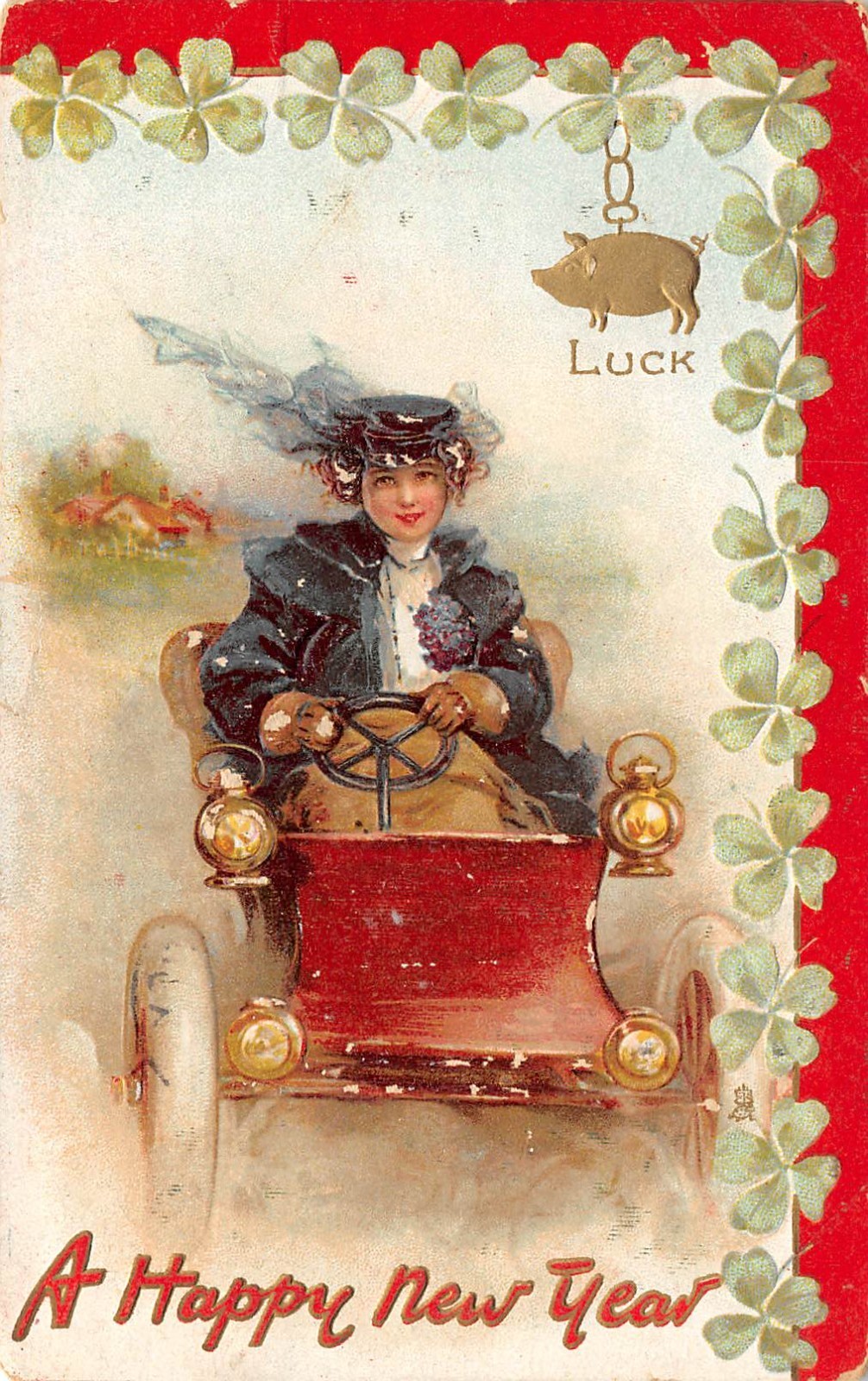HAPPY NEW YEAR LADY DRIVING EARLY AUTOMOBILE C.1910