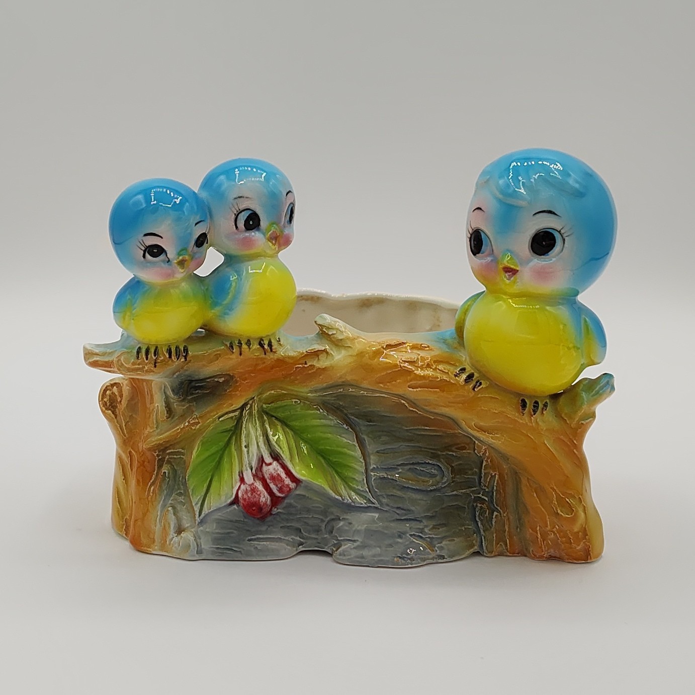 Vtg Anthropomorphic Bluebirds Ceramic Planter Three Birds Stump Unmarked