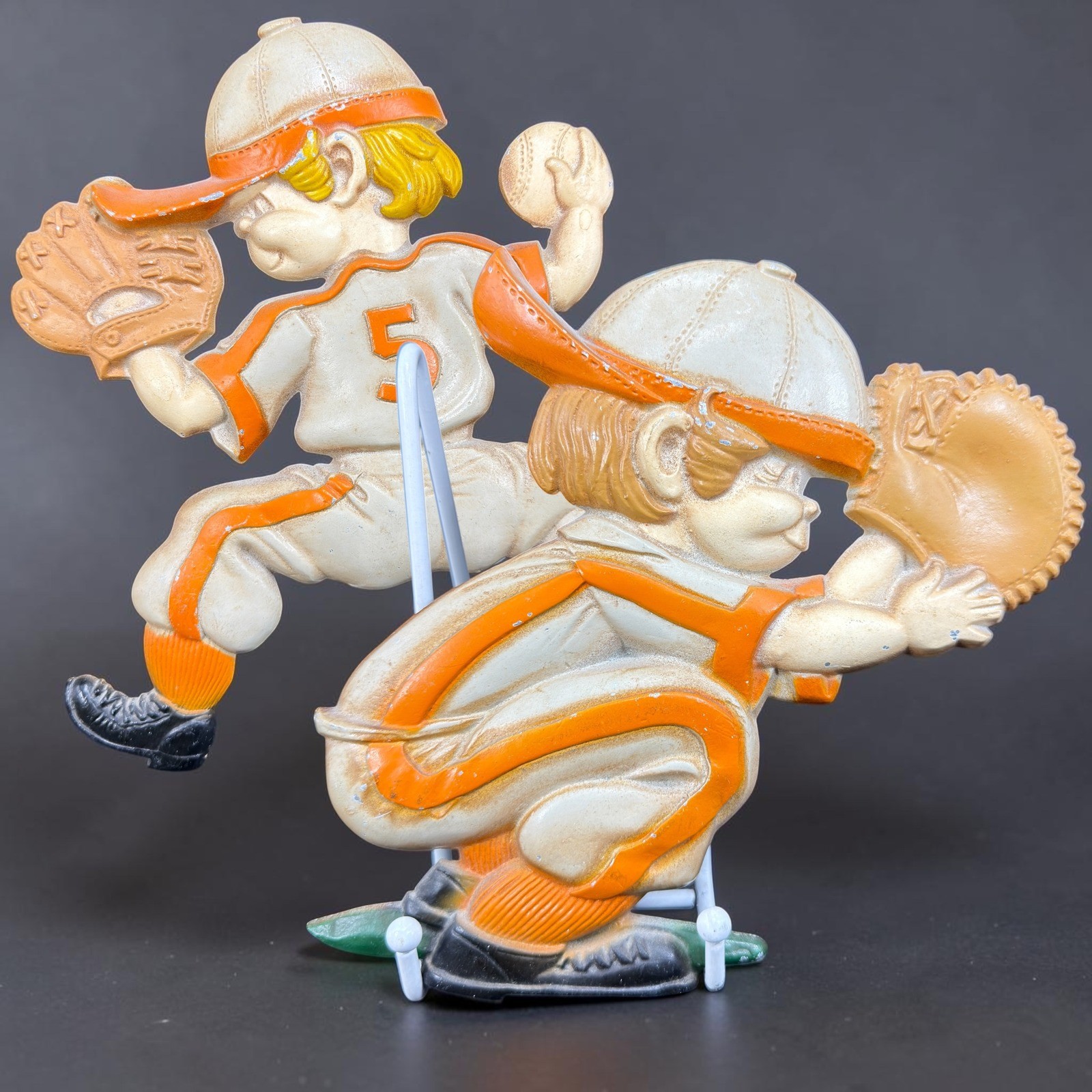 Vintage Sexton Metal Baseball Wall Art Pitcher Catcher Orange Cream Set of 2 Vintage Sexton Metal Baseball Wall Art Pitcher Catcher Orange Cream Set of 2