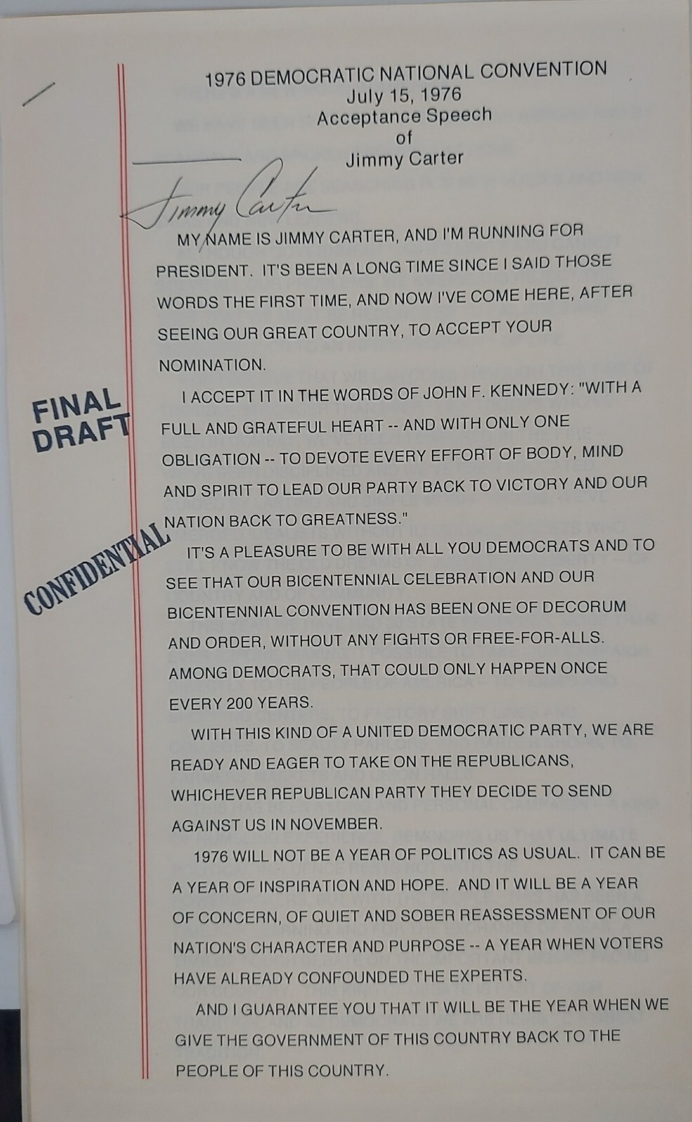 Jimmy Carter Signed Final Draft 1976 Democratic Convention Acceptance  Speech 