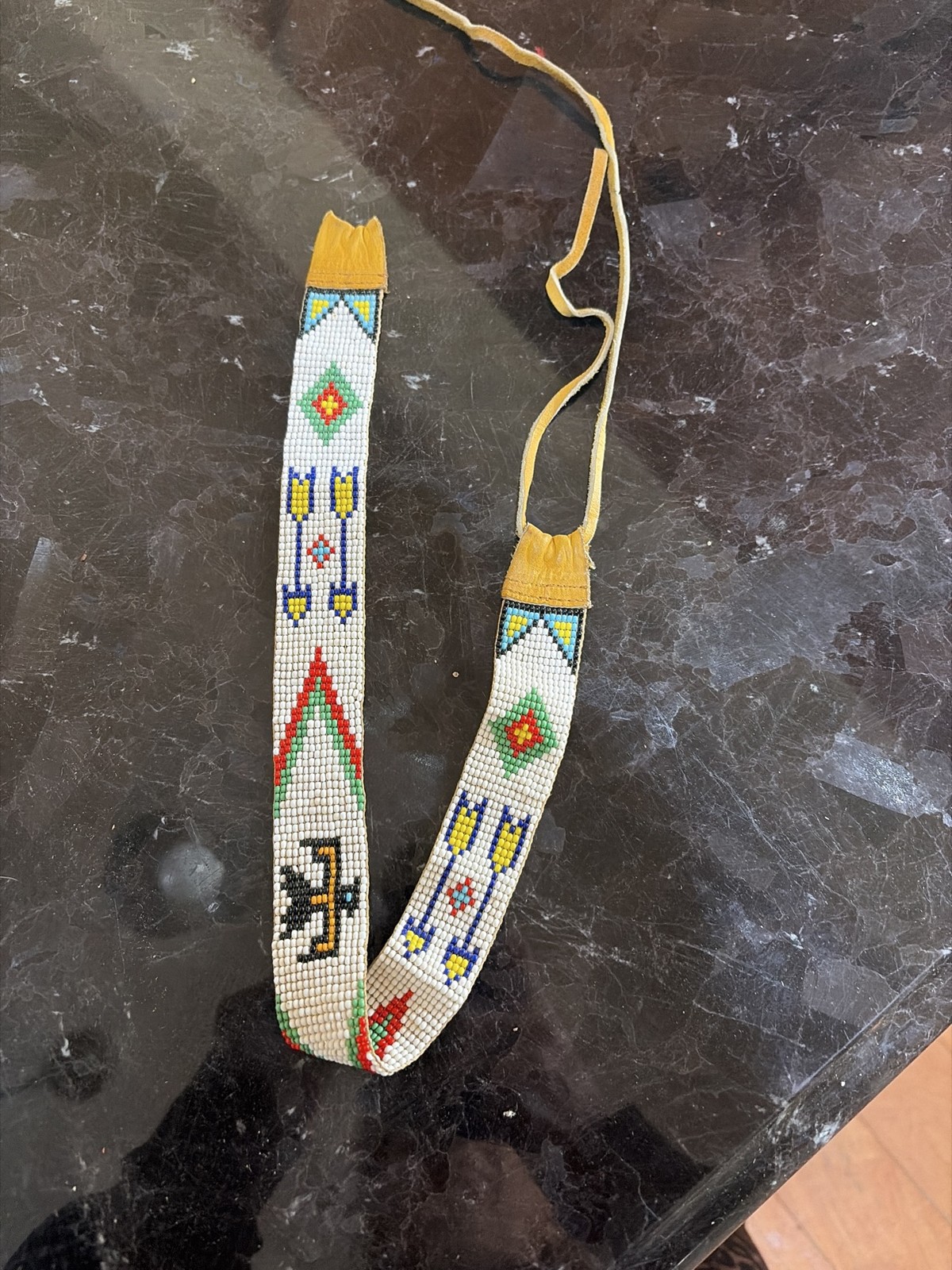 Vintage Loom Beaded Belt Native American Style Thunderbird Leather Ties K-845