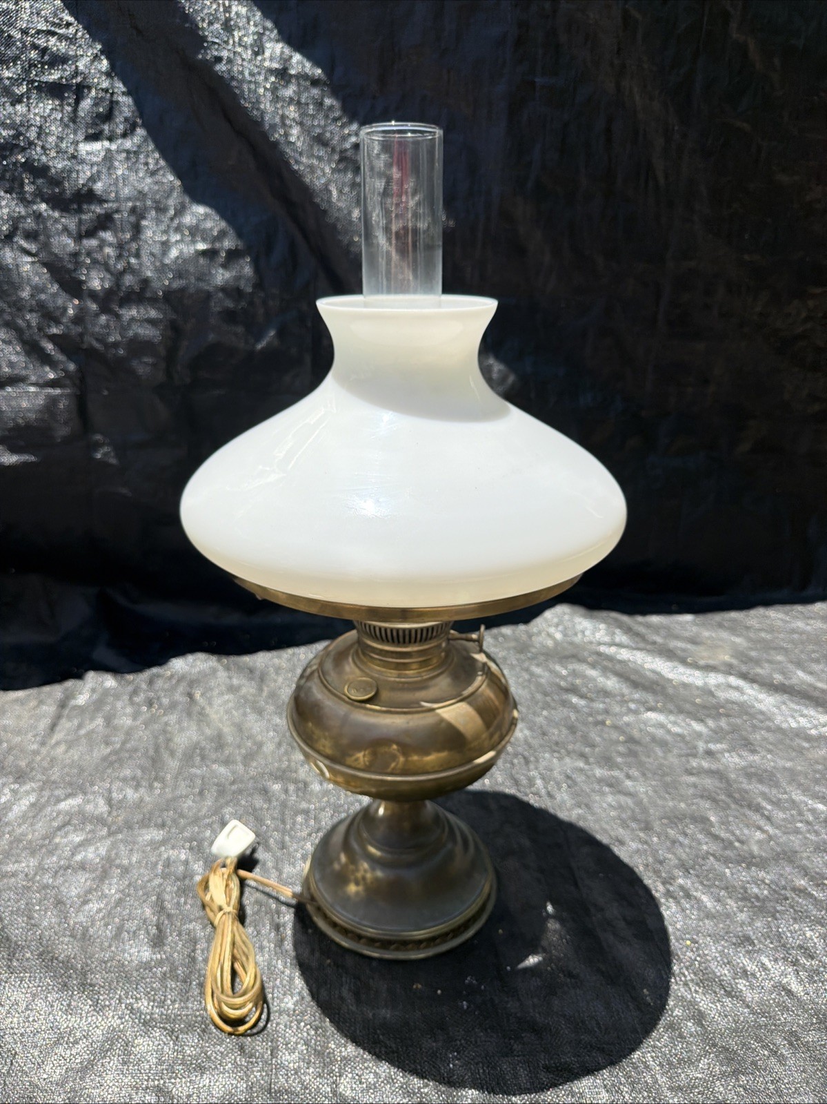 Bradley Hubbard B&H Brass Oil Lamp Electric Turquoise Glass Shade Vintage Bradley Hubbard B&H Brass Oil Lamp Electric Turquoise Glass Shade Vintage