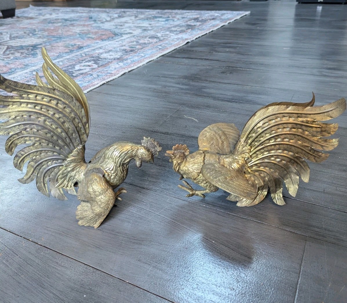 Vintage Mid Century Pair Brass Fighting Roosters