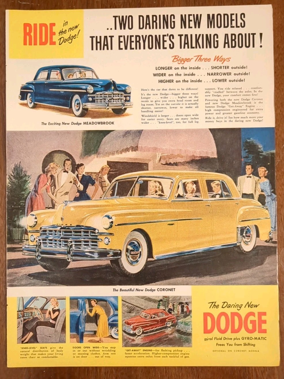 1949 vintage Bright Yellow Dodge 4 Door Hardtop Print Ad, Dinner Party