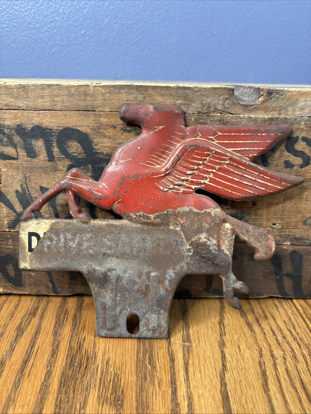 Vintage Original Mobil Pegasus Drive Safely License Plate Topper Sign Oil Gas