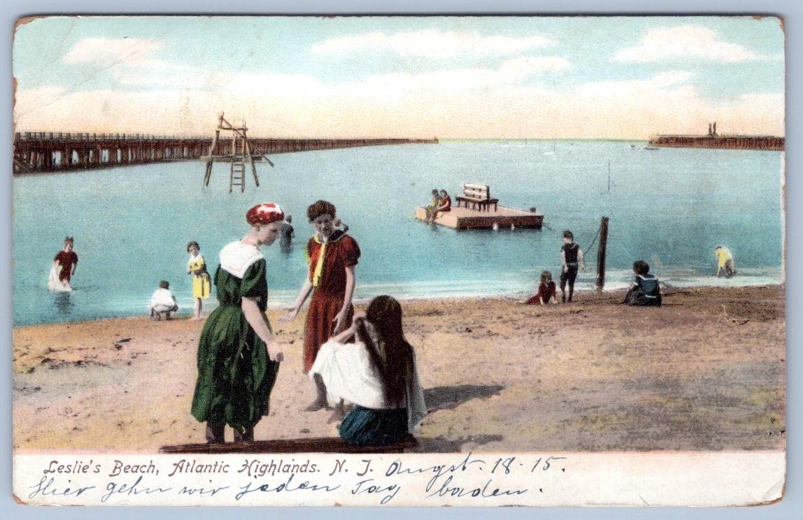 1915 LESLIE\'S BEACH ATLANTIC HIGHLANDS NEW JERSEY NJ ANTIQUE POSTCARD