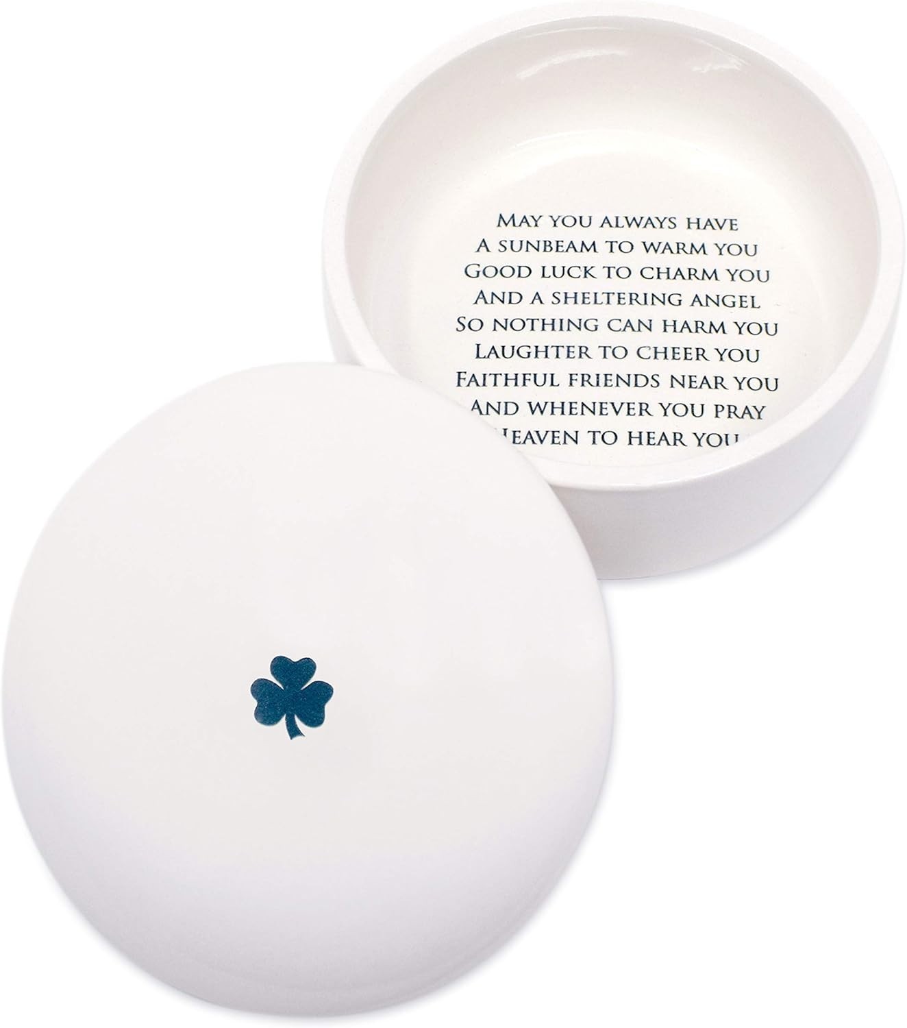 Ceramic Keepsake Box By Susabella, Irish Blessing, Round, Shamrock in Green Ceramic Keepsake Box By Susabella, Irish Blessing, Round, Shamrock in Green